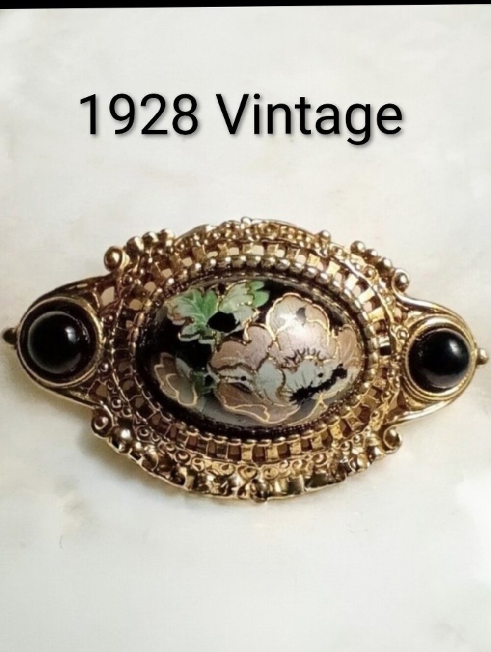 1928 Vintage-inspired Black & Gold Cabachon Bar Pin Floral Accents